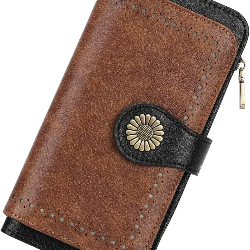 Women's Leather Wallet Trifold RFID Blocking Large Capacity Purse with Coin Pock